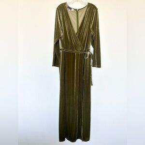 David's Bridal Olive Green Velvet Long Sleeve Wrap Dress